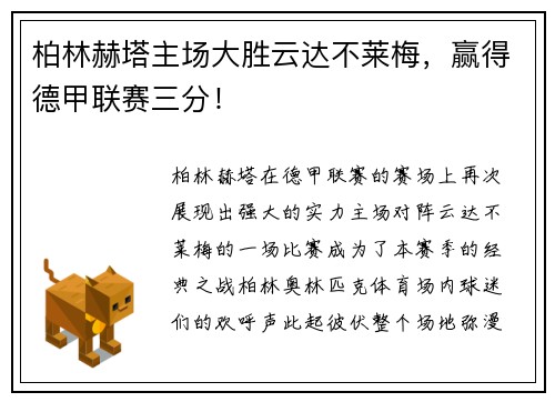 柏林赫塔主场大胜云达不莱梅，赢得德甲联赛三分！