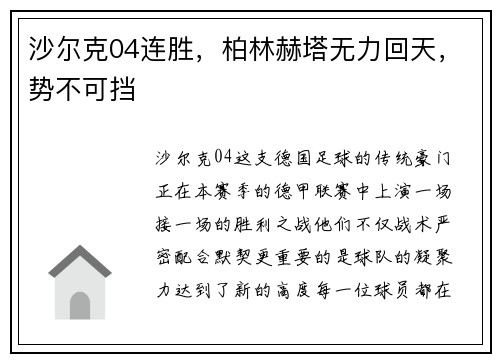 沙尔克04连胜,柏林赫塔无力回天,势不可挡