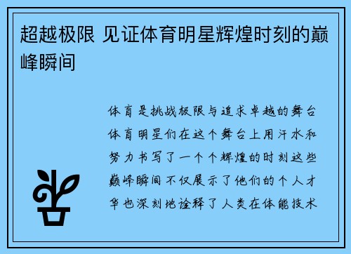 超越极限 见证体育明星辉煌时刻的巅峰瞬间
